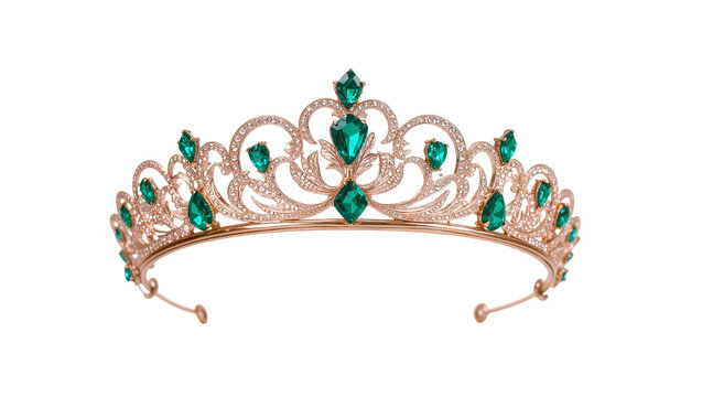 Isolated elegant golden tiara featuring sparkling emerald and clear gemstones, ornate bridal crown