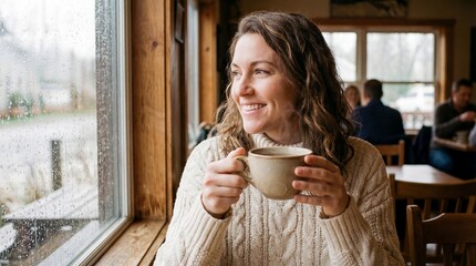 Woman in a cafe enjoys hot drink while looking out at rain through window on a cloudy day