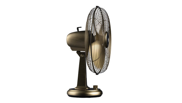 Isolated classic vintage-style electric table fan with bronze metallic finish for comfort