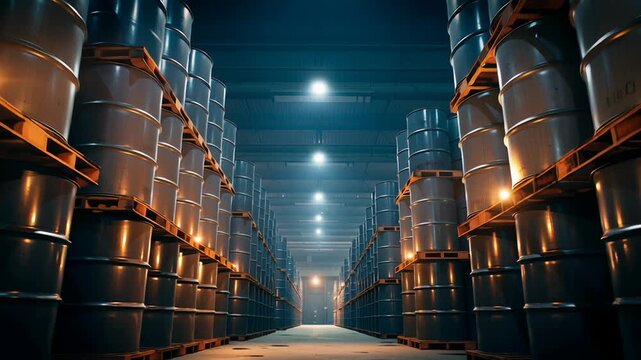 oil barrels crude storage management, industrial storage layout with strong lighting and depth, cinematic commercial style, Rows of steel drums line dimly lit warehouse aisles. Flickering lights cast 