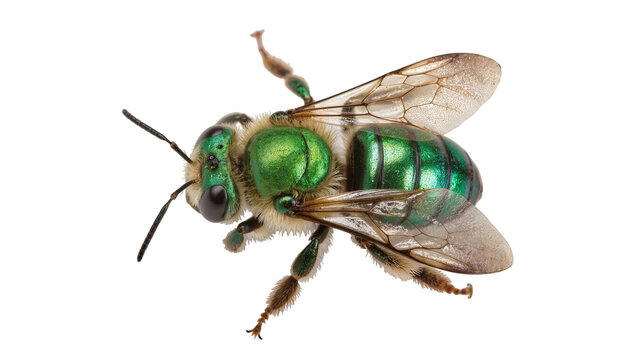 Isolated close up of a beautiful iridescent metallic green sweat bee insect on clean surface
