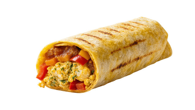 Isolated breakfast burrito with grilled tortilla, eggs, peppers, and savory filling.