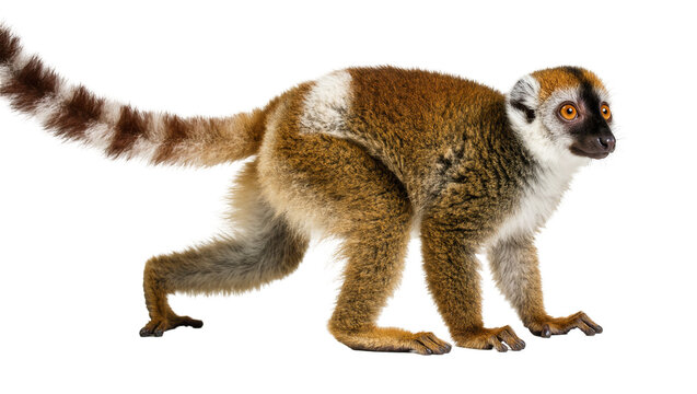 Isolated Common Brown Lemur Primate with Distinctive Orange Eyes and Ringed Tail Moving