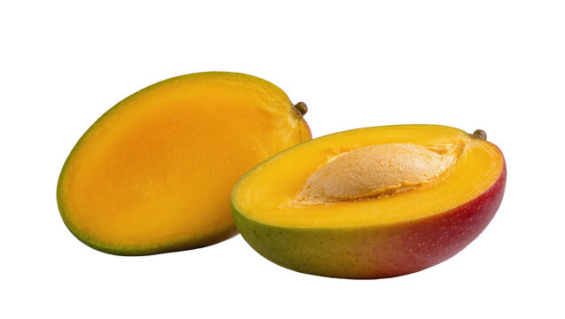 Isolated fresh tropical mango fruit, one whole and one half cut showing juicy pulp and seed