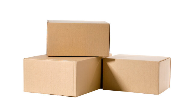 Isolated stack of three brown cardboard shipping and storage boxes for delivery or moving