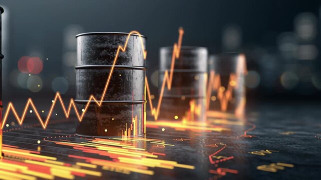 oil barrels energy market economy concept, oil barrels with economic data overlays, professional financial editorial illustration, Dark barrels glow with heat on a gritty surface. Fires flicker 