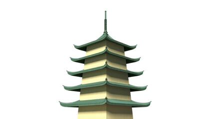Isolated traditional multi-tiered pagoda with green roofs and beige walls, Asian temple building © Eva