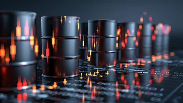 oil barrels energy market economy concept, oil barrels with economic data overlays, professional financial editorial illustration, Rows of black oil drums glow with fiery embers. Reflections ripple 