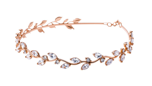 Isolated delicate rose gold tiara with sparkling crystal leaves for bridal elegance