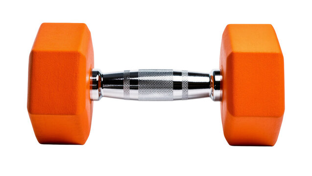 Isolated orange hexagonal dumbbell for fitness training, bodybuilding, and healthy lifestyle