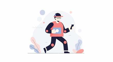 Flat illustration of a person in motion with a device and a tablet