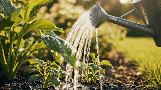 Video Watering Can Pour &ndash; water stream motion in soft daylight for gardening branding, lifestyle advertising, eco-friendly campaigns, and spring seasonal marketing visuals.