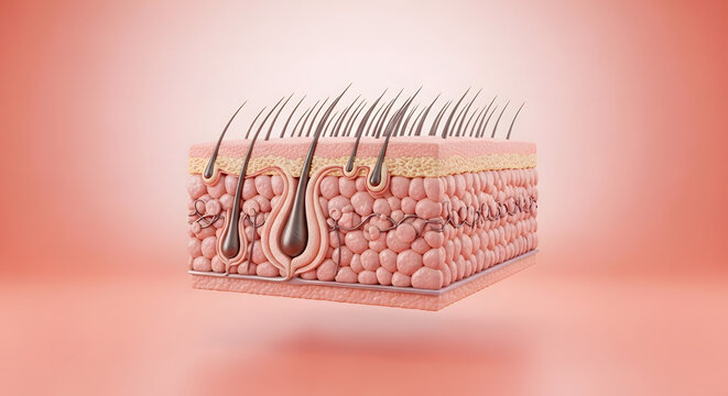 3D Cube Cross-Section of Human Skin with Hair Follicles, Sebaceous Glands and Eccrine Sweat Glands.Highly detailed 3D anatomical illustration of human skin