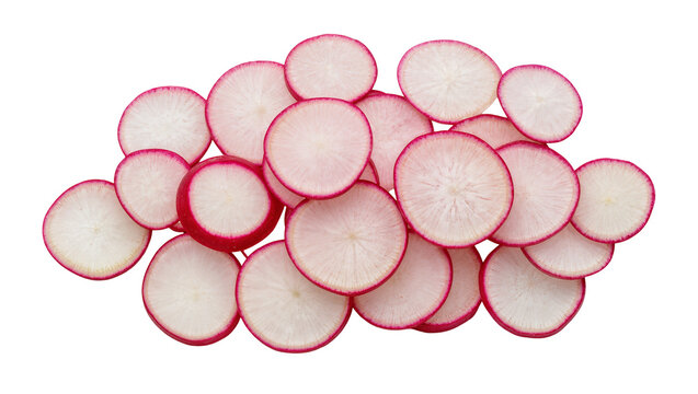 Isolated fresh organic radish slices cut into thin circles arranged beautifully for healthy food concept