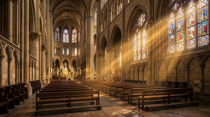 Obraz premium Sun Rays Streaming Through Stained Glass in Ancient Church Interior