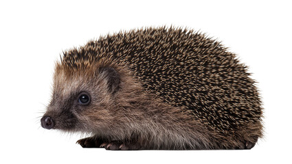 Obraz premium Isolated adorable young European hedgehog, side view, charming spiky forest animal