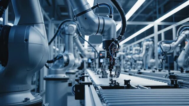 Video of automation and robotics industry featuring robotic arm in factory setting, smart manufacturing and Industry 4.0 technology concept for industrial innovation branding.