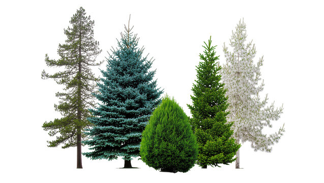 Isolated group of various evergreen trees and lush green shrubs, different shapes and colors.
