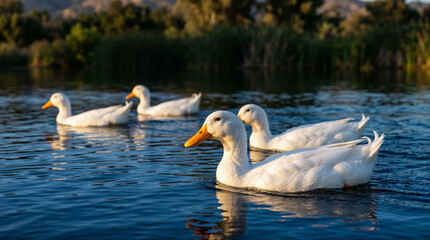 Group of white Pekin ducks swimming on a calm blue pond at sunset with lush green vegetation in the background