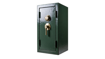 Isolated heavy green safe with dial combination lock and handle for securing valuables
