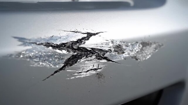 Silver car bumper shows many deep scratches and dirt from a road incident, tight macro close-up in natural daylight highlighting jagged scrape marks across metallic paint, embedded grime and dust