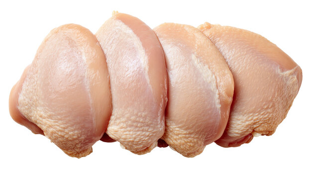 Isolated four raw boneless skinless chicken breasts, fresh poultry meat ready for cooking