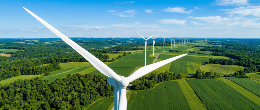 Aerial panoramic view of a row of white wind turbines across rolling green hills and farmland under a blue sky