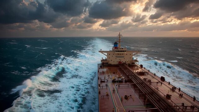 crude oil tanker moving through Strait of Hormuz energy route, waves splashing against hull, dramatic sky, Vast ocean churns beneath stormy skies. Ship cuts through waves with immense power. Sunlight 