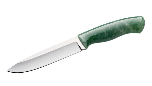 Isolated traditional hunting knife with a polished steel blade and unique green stone handle