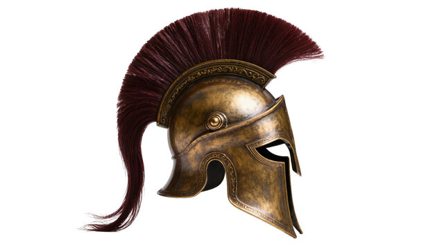 Isolated ancient bronze Corinthian helmet with red crest, historical antique warrior gear