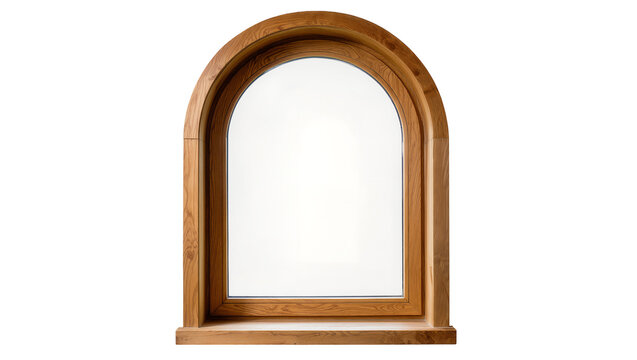 Isolated arched wooden window frame with clear glass, contemporary home interior design element