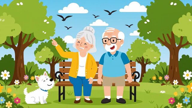 Animated senior couple enjoying park with dog together bench birds flowers cartoon style graphic design element