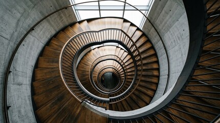 Top-down view of a spiral wooden staircase, minimalist concrete walls, dramatic light and shadow play. Spiral Staircase Interior View with Wooden Steps and Concrete Walls