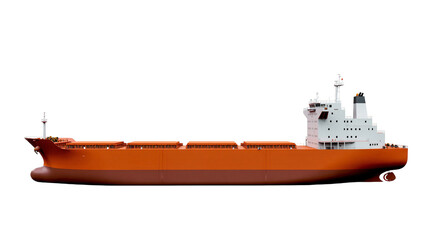Isolated modern bulk carrier cargo ship with orange hull and white superstructure, side view. © Elena