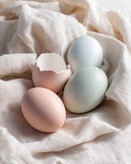 Soft pastel eggs rest on wrinkled linen fabric