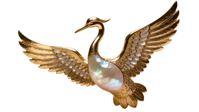 Isolated elegant golden crane with iridescent mother of pearl body and outstretched wings