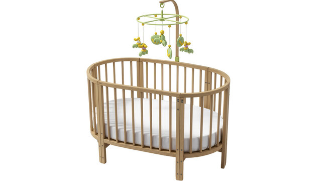 Isolated baby crib with hanging mobile, oval wooden design for infant nursery room