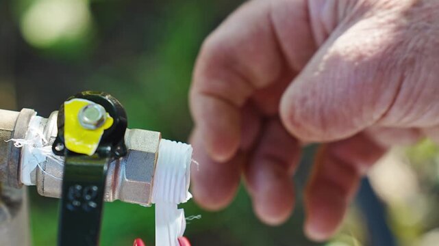 A man's hand without a thumb winds the FUM tape around a water pipe for sealing and sealing.