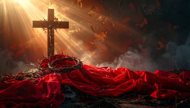 Good Friday Concept with Wooden Cross and Crown of Thorns on Flowing Red Cloth under Divine Sunlight Rays