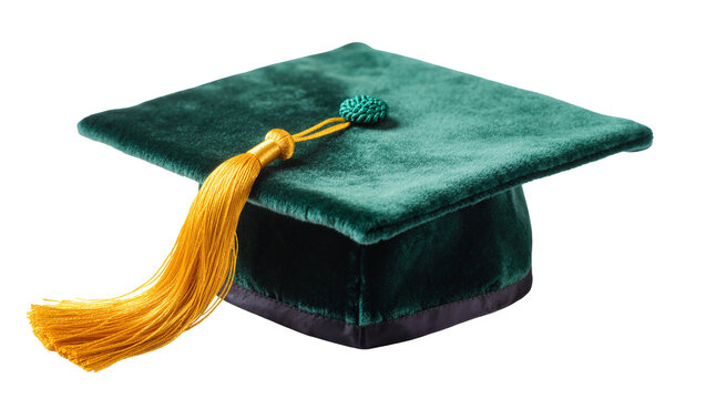 Isolated ceremonial green graduation cap, academic attire with golden tassel, university milestone.