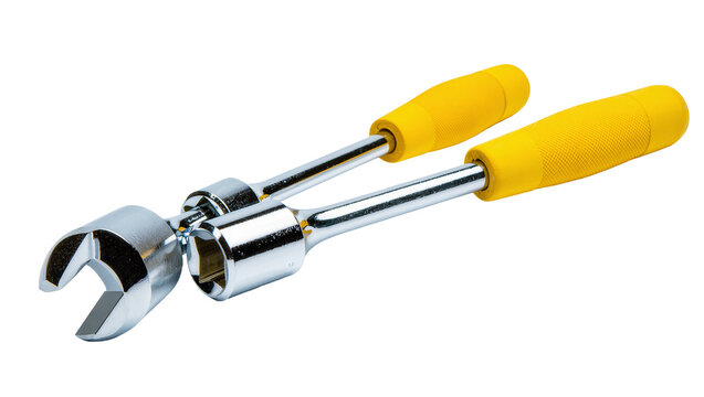 Isolated specialty wrench tool with two bright yellow handles for various repair tasks