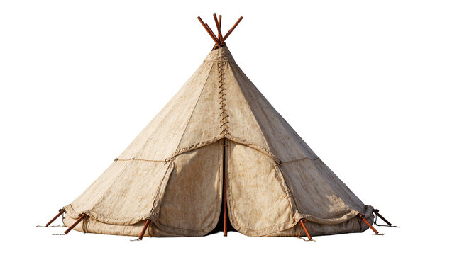 Isolated traditional canvas tipi with wooden poles for camping and outdoor shelter