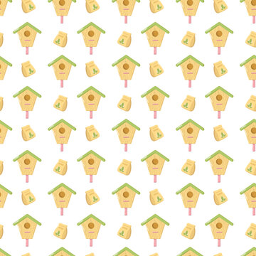 Seamless gardening pattern with birdhouses and seed packets arranged in grid layout, cheerful nature-inspired design for eco themes, textiles, wallpapers, and decorative prints