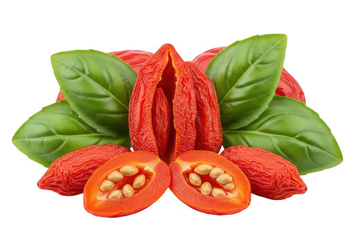 Vibrant red ackee fruit with green leaves on transparent background