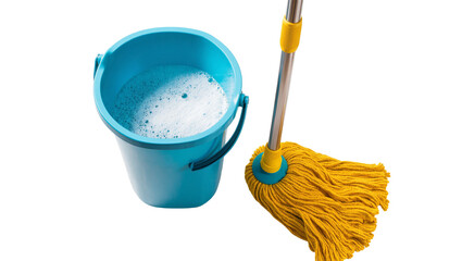 Isolated household cleaning tools a vibrant blue bucket full of foamy water and a yellow mop © Elena