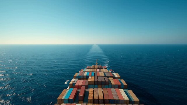 container vessel traveling across Strait of Hormuz trade route, calm blue sea and distant horizon, Vast ocean stretches under clear blue sky. Container ship sails straight ahead with cargo stacked 