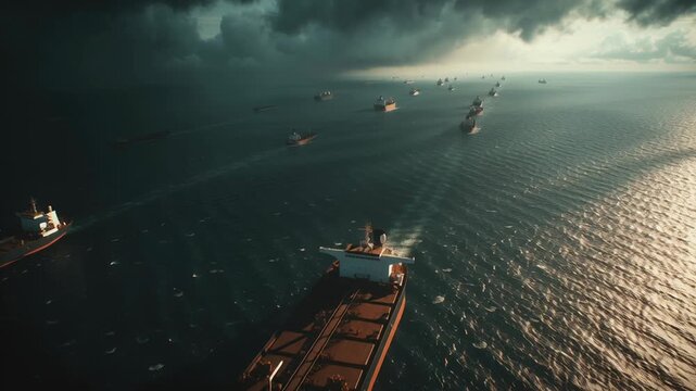 crowded tanker ships navigating Strait of Hormuz during global energy tension, dark clouds above ocean, cinematic maritime realism, Heavy clouds loom over vast ocean waters. Lone cargo ship 