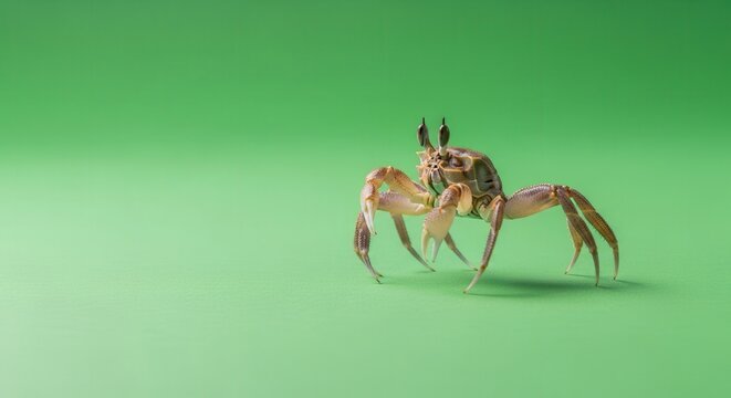 Close-Up of a Small Green Crab with a Miniature Creature on Its Back on Bright Green Background
