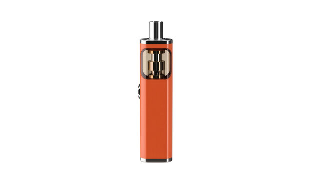 Isolated modern orange electronic cigarette for vaping nicotine liquids or flavored e-juice.