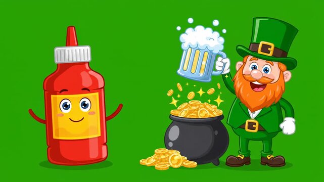 Animated st patricks day leprechaun toasting with beer beside a pot of gold with cartoon ketchup